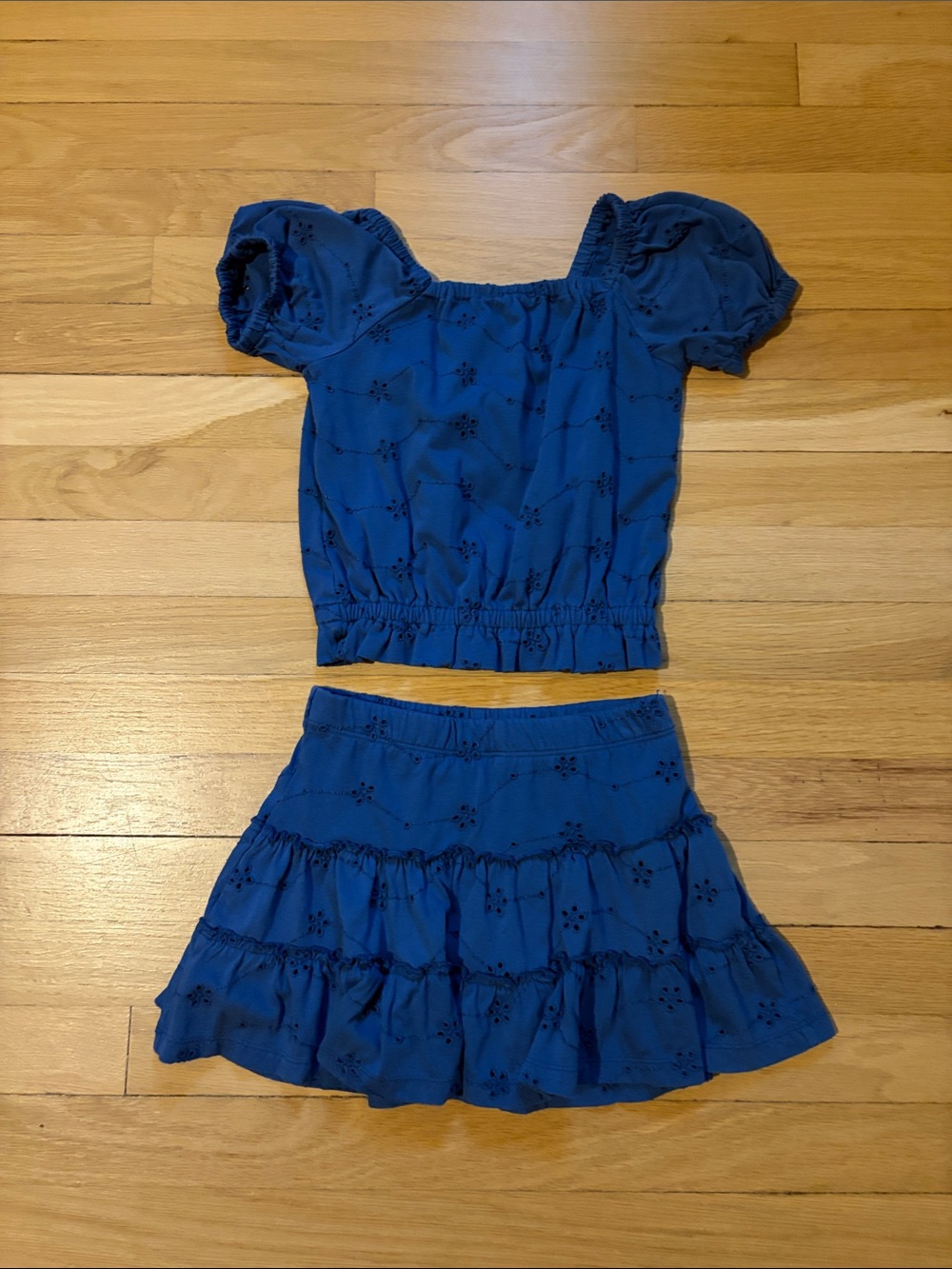 Girls Blue Eyelet Two-Piece Shirt and Skort Set